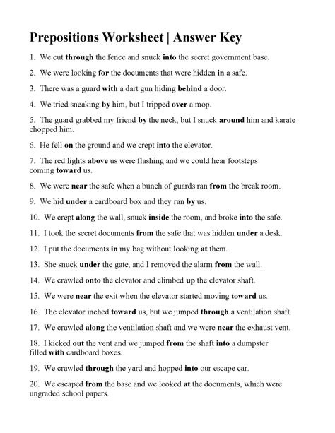 prepositional phrase worksheet with answers grade 9